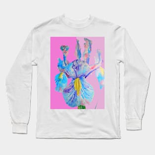 Iris Watercolor Painting - Blue with Raindrops - on Magenta and Lilac Pink Long Sleeve T-Shirt